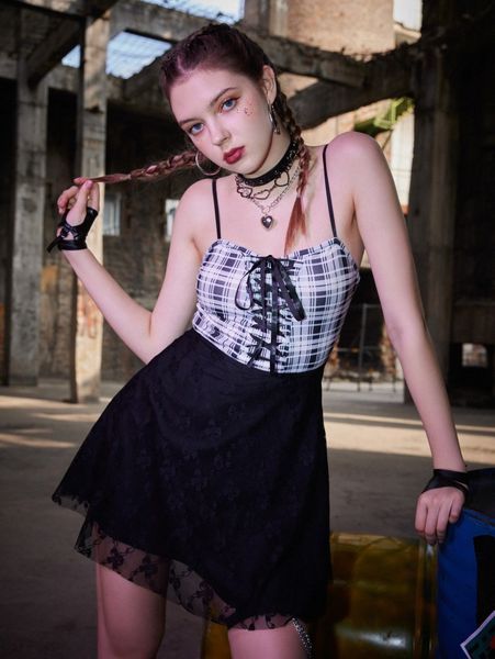 romwe colorblock plaid lace up cami dress d7qi#, Black;gray 
romwe colorblock plaid lace up cami dress d7qi#, Black;gray