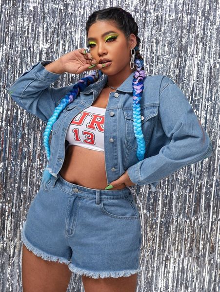 plus button front denim jacket & raw hem skirt r2x6#, White
plus button front denim jacket & raw hem skirt r2x6#, White