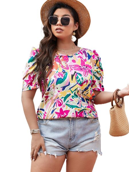 plus all over print puff sleeve blouse a5ij#, Black
plus all over print puff sleeve blouse a5ij#, Black