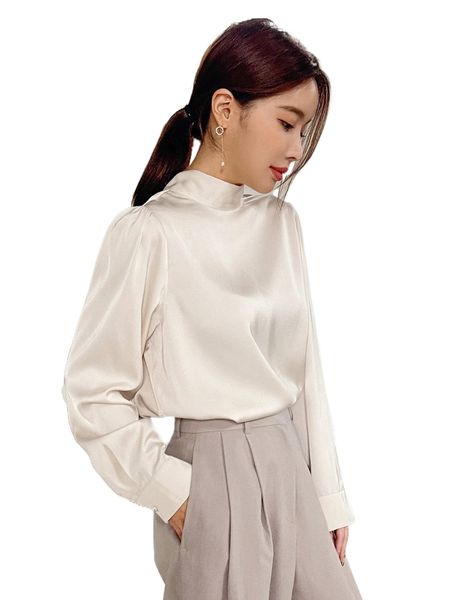 dazy tie back stand collar puff sleeve blouse 45kh#, White 
dazy tie back stand collar puff sleeve blouse 45kh#, White