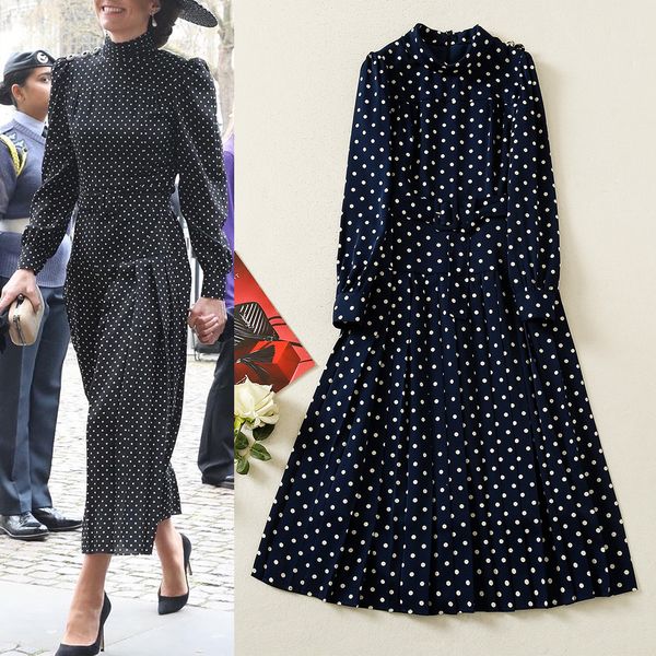 work dresses 2022 european and american street skirt women's fashion stand collar buckle belt retro polka dot pleated medium length ski, White;black
work dresses 2022 european and american street skirt women's fashion stand collar buckle belt retro polka dot pleated medium length ski, White;black