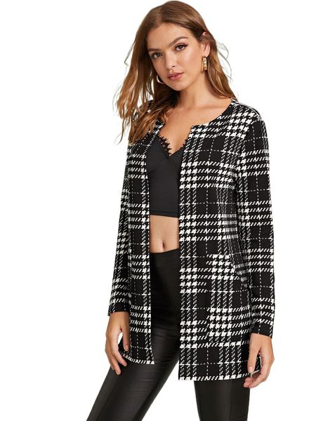 open front plaid coat y6m0#, Black