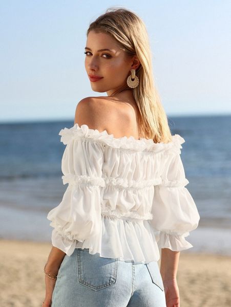 off shoulder ruched ruffle trim peplum chiffon blouse g0gh#, White
off shoulder ruched ruffle trim peplum chiffon blouse g0gh#, White