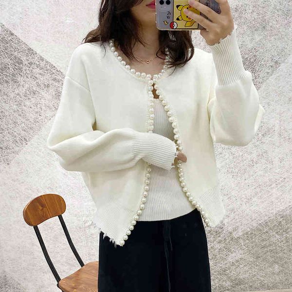 women's sweaters spring round neck pearl trimmed sweater womanly long sleeved cardigan fashion short coat baxe, White;black
women's sweaters spring round neck pearl trimmed sweater womanly long sleeved cardigan fashion short coat baxe, White;black