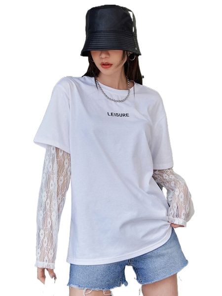 dazy letter graphic contrast lace 2 in 1 tee r0d7#, White
dazy letter graphic contrast lace 2 in 1 tee r0d7#, White