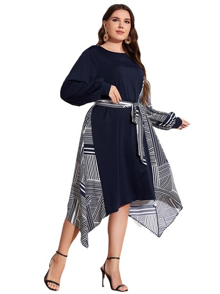 plus geometric print lantern sleeve hanky hem belted dress b6bx#, Black
plus geometric print lantern sleeve hanky hem belted dress b6bx#, Black