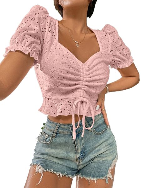 sweetheart neck drawstring front puff sleeve eyelet embroidery crop blouse e8qw#, White
sweetheart neck drawstring front puff sleeve eyelet embroidery crop blouse e8qw#, White