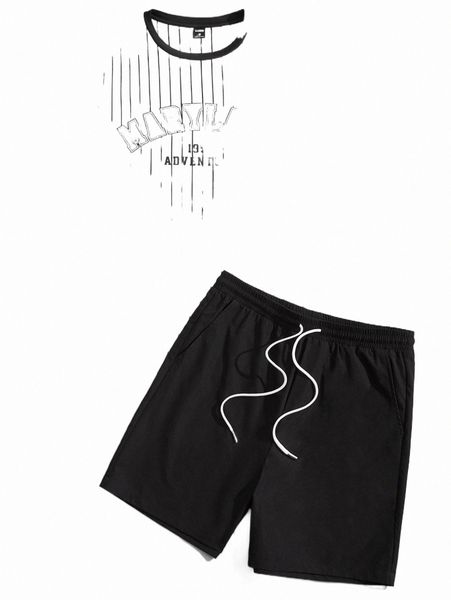 men striped & letter graphic tee & drawstring shorts z5ec#, Gray