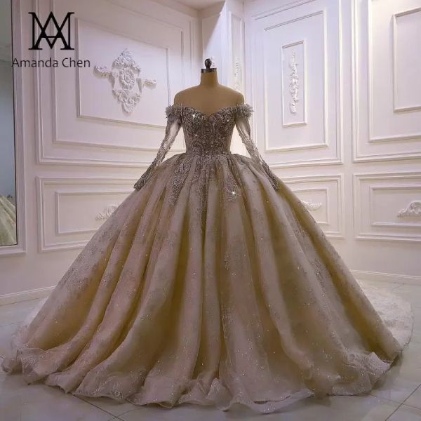 ball gown wedding dresses sukienki koktajlowe off shoulder long sleeve lace applique champagne dress btidal gown, White
ball gown wedding dresses sukienki koktajlowe off shoulder long sleeve lace applique champagne dress btidal gown, White