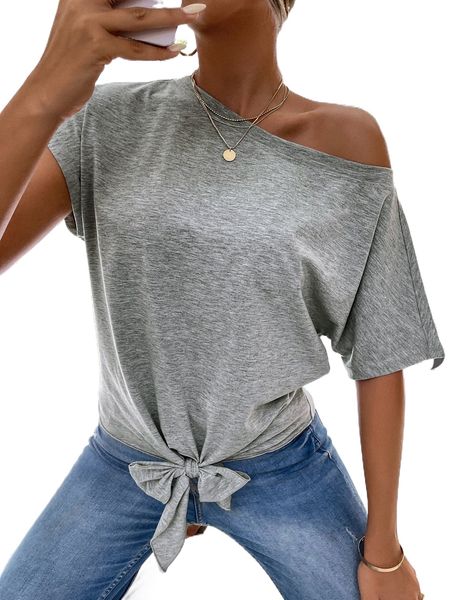 asymmetrical neck tie front tee e62z#, White
asymmetrical neck tie front tee e62z#, White