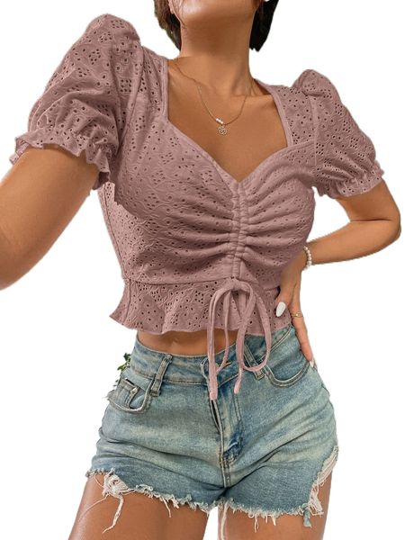 sweetheart neck drawstring front puff sleeve eyelet embroidery crop blouse u5s7#, White
sweetheart neck drawstring front puff sleeve eyelet embroidery crop blouse u5s7#, White