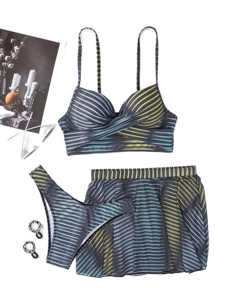 3pack striped push up bikini swimsuit & beach skirt i6kg#, White;black 
3pack striped push up bikini swimsuit & beach skirt i6kg#, White;black