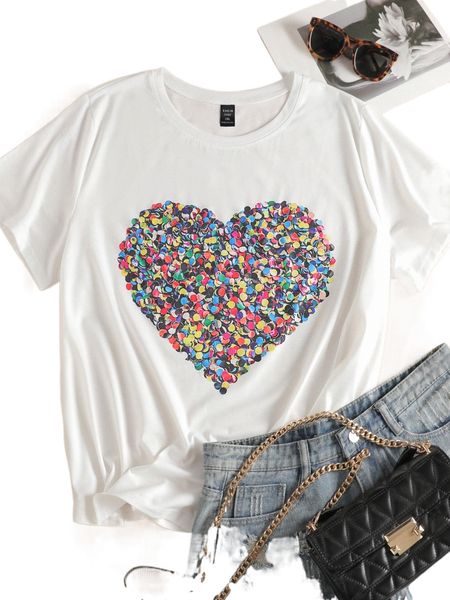 plus heart print tee e8v1#, Black