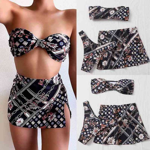 women's swimwear 2022 summer three piece bikini printed ruffle swimsuit 7btc, White;black