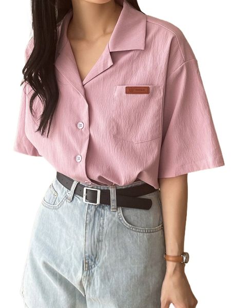 dazy letter patched lapel neck drop shoulder shirt n600#, White