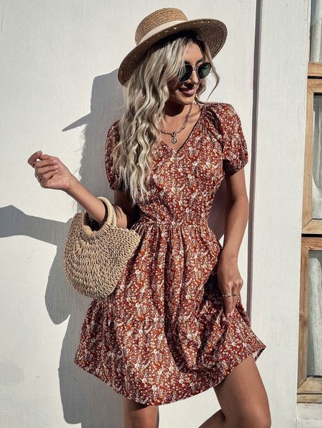 ditsy floral puff sleeve ruffle hem dress o6qc#, Black;gray
ditsy floral puff sleeve ruffle hem dress o6qc#, Black;gray