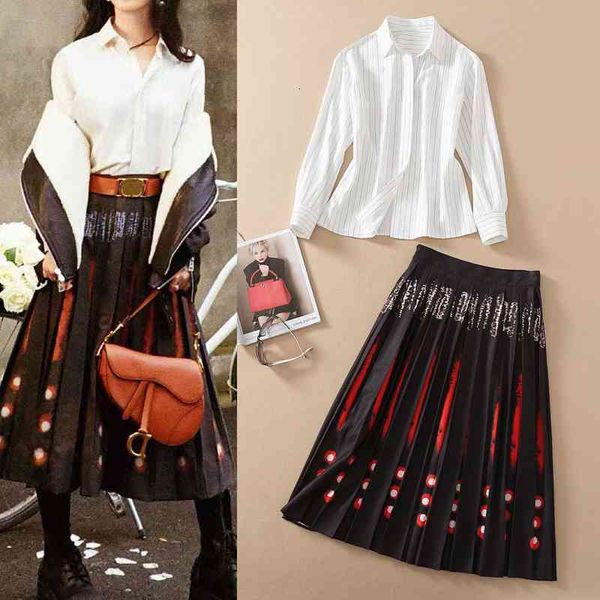 women's two piece pants spring women's striped shirt printed pleated skirt fashion suit, White
women's two piece pants spring women's striped shirt printed pleated skirt fashion suit, White