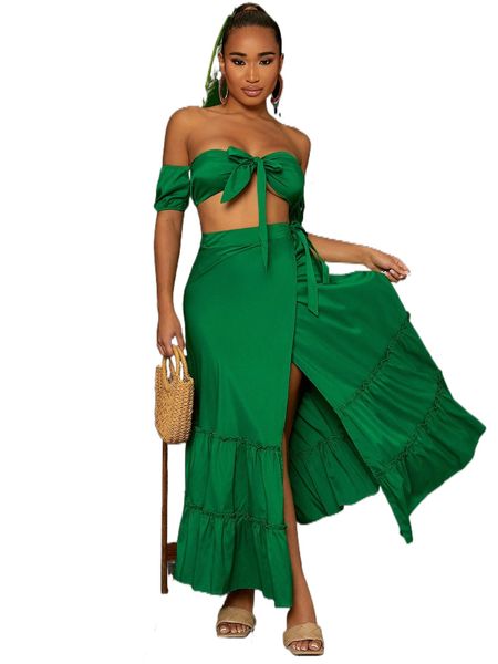 sxy off shoulder tie front & wrap skirt r4qd#, White