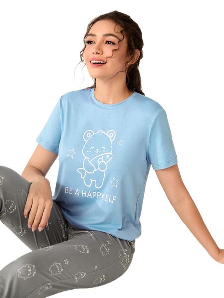 cartoon & slogan graphic pj set 64ub#, Black;red 
cartoon & slogan graphic pj set 64ub#, Black;red