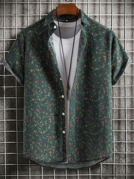 men ditsy floral button front shirt without tee d2uz#, White;black
