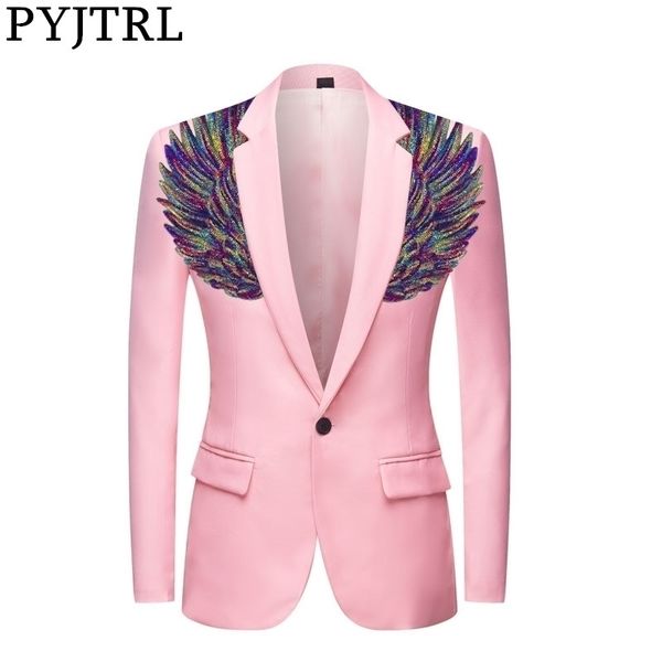 pyjtrl mens gold colorful sequins wings pink suit jacket stage wear slim fit blazer styles stage costumes for singers 201104, White;black
pyjtrl mens gold colorful sequins wings pink suit jacket stage wear slim fit blazer styles stage costumes for singers 201104, White;black