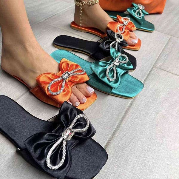 women square toe slippers silk butterfly knot crystal plus size female flat slides elegant solid ladies summer shoes fashion new, Black
women square toe slippers silk butterfly knot crystal plus size female flat slides elegant solid ladies summer shoes fashion new, Black