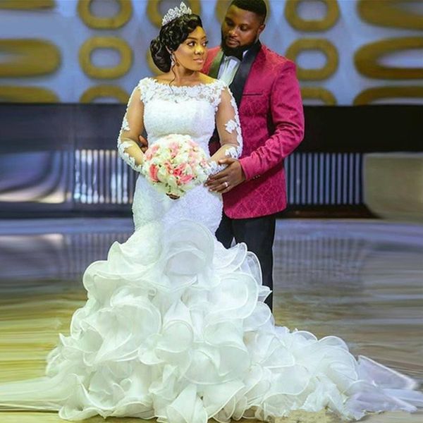 2022 elegant lace long sleeves mermaid african wedding dress with ruffles train south africa plus size nigeria wedding gowns, White
2022 elegant lace long sleeves mermaid african wedding dress with ruffles train south africa plus size nigeria wedding gowns, White