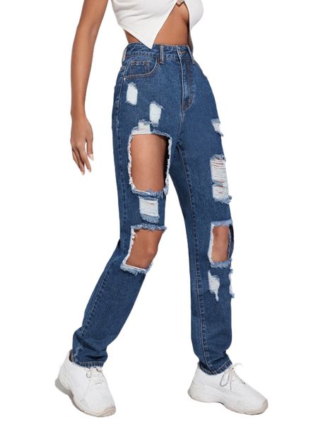 high waist ripped raw hem cropped jeans i6fv#, Blue