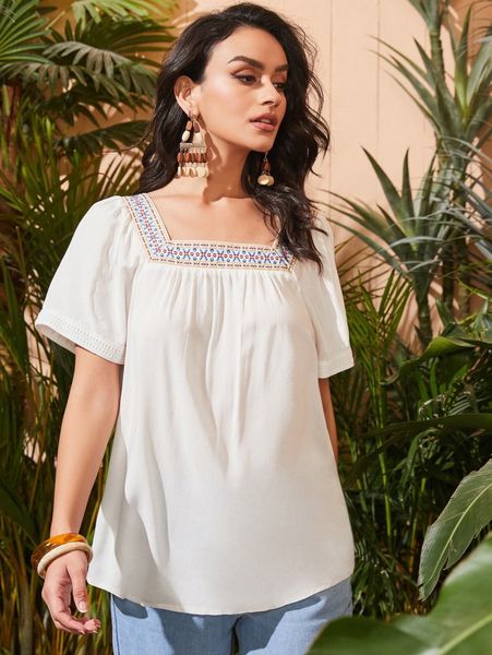 geo embroidered square neck blouse v2yd#, White