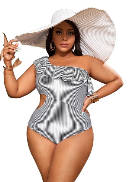 plus vertical striped ruffle trim cut out one shoulder one piece swimsuit 78n0#, White;black
plus vertical striped ruffle trim cut out one shoulder one piece swimsuit 78n0#, White;black