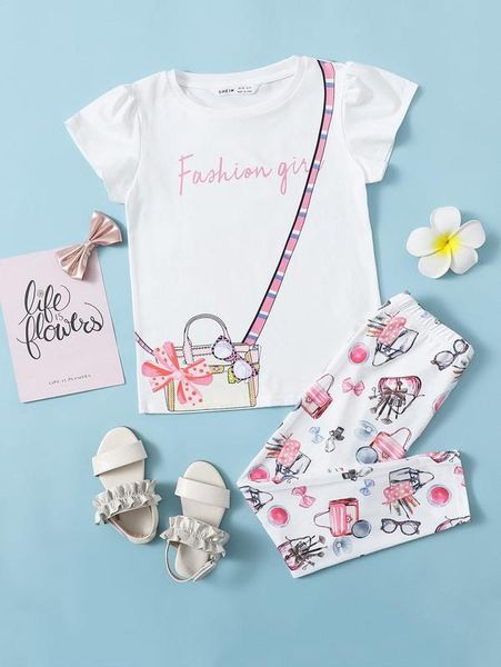 girls bag & letter graphic tee & leggings set she, White
girls bag & letter graphic tee & leggings set she, White