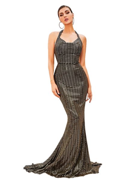 love&lemonade contrast sequin halter neck lace-up backless mermaid hem formal dress 40jc#, Black;gray
love&lemonade contrast sequin halter neck lace-up backless mermaid hem formal dress 40jc#, Black;gray