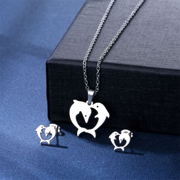 stainless steel new style fashion dolphin necklace women's niche design animal jewelry pendant clavicle chain stud earrings set, Silver
stainless steel new style fashion dolphin necklace women's niche design animal jewelry pendant clavicle chain stud earrings set, Silver