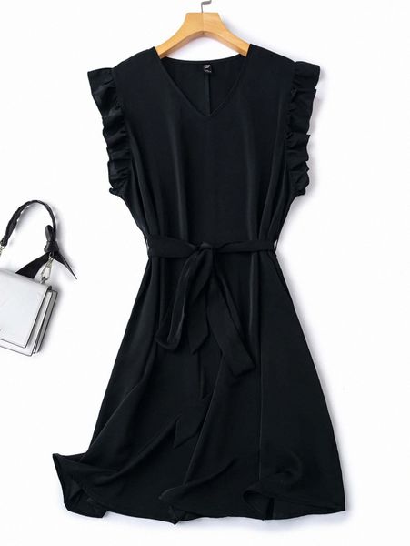 plus ruffle trim belted dress 420t#, Black
plus ruffle trim belted dress 420t#, Black
