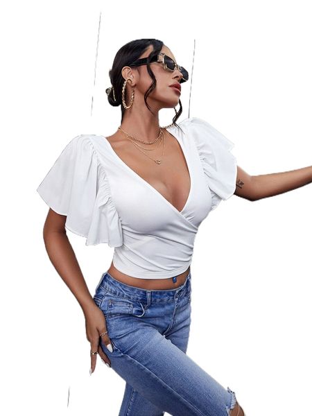 solid surplice front butterfly sleeve crop tee y5cj#, White 
solid surplice front butterfly sleeve crop tee y5cj#, White