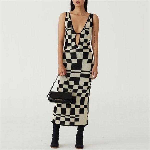 women's knitted dress bodycon party dresses backless plaid print spaghetti strap hollow out vestidos summer women dresses 220406, White;black
women's knitted dress bodycon party dresses backless plaid print spaghetti strap hollow out vestidos summer women dresses 220406, White;black