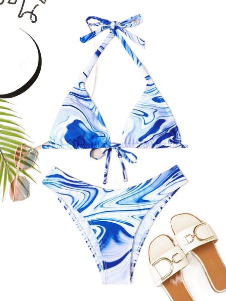 2pcs random fluid print knot halter bikini swimsuit v0fi#, White;black 
2pcs random fluid print knot halter bikini swimsuit v0fi#, White;black