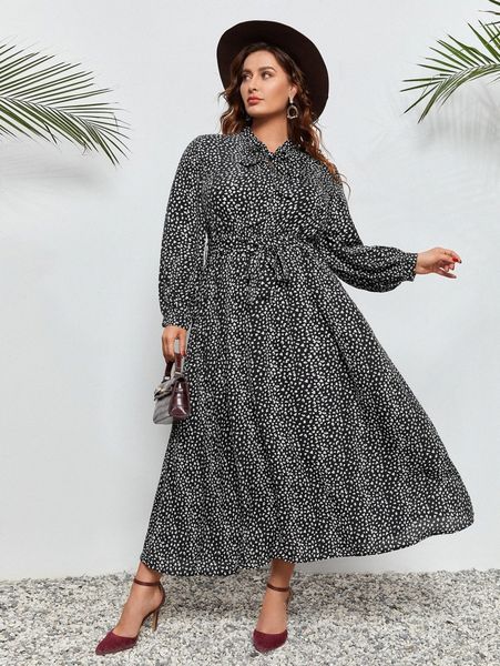 plus allover print tie neck belted dress m1h0#, Black 
plus allover print tie neck belted dress m1h0#, Black