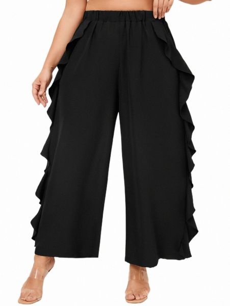 plus solid ruffle trim wide leg pants 99bx#, Black