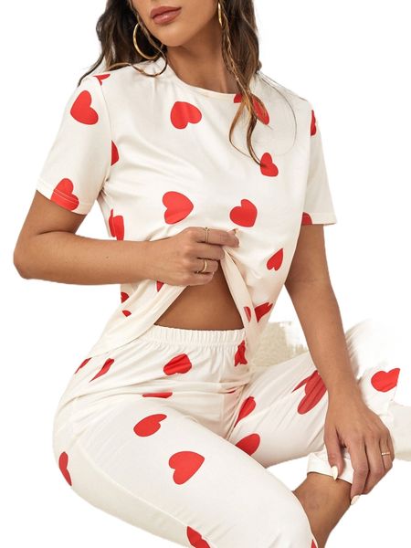 allover heart print pj set 79ll#, Black;red