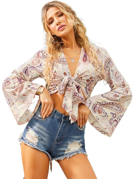 luukse tie front bell sleeve paisley print t2nv#, White