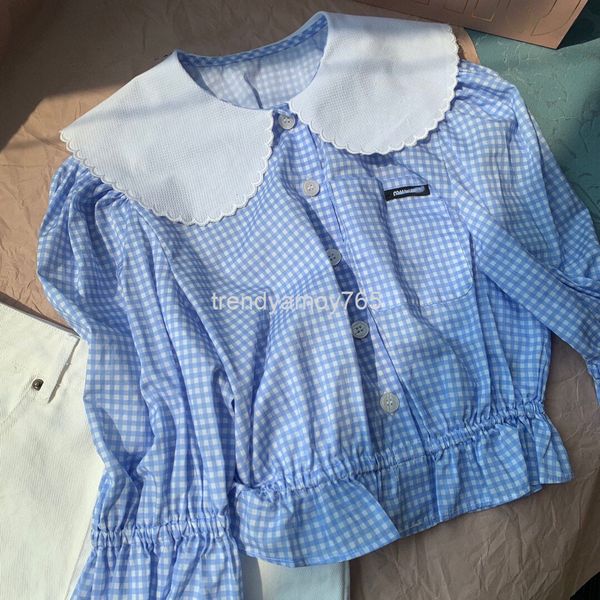 women's t-shirt summer lovely princess blue plaid baby collar shirt flared sleeve ruffle top, White
women's t-shirt summer lovely princess blue plaid baby collar shirt flared sleeve ruffle top, White