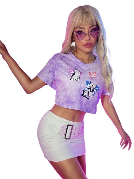 tie dye animal & butterfly print crop tee v3ft#, White