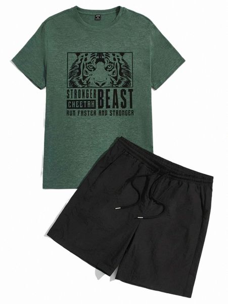 men tiger & letter graphic tee & shorts 63cm#, Gray 
men tiger & letter graphic tee & shorts 63cm#, Gray