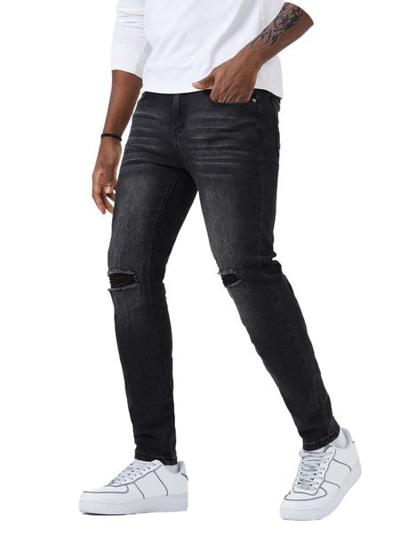 men bleach wash ripped skinny jeans 7604#, Blue