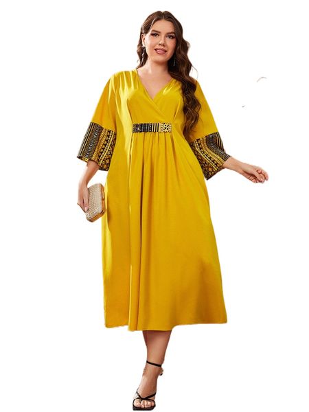 plus geo print surplice neck dress i9gm#, Black