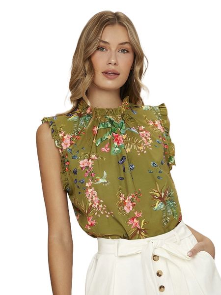 bird & tropical print frill trim q8bw#, White