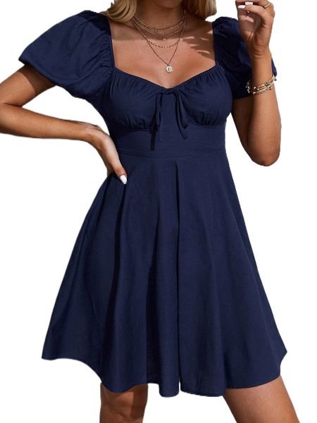 sweetheart neck puff sleeve knot front dress c6dk#, Black;gray