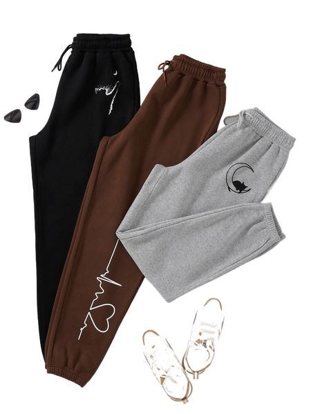 3pcs moon & heart print thermal lined sweatpants e0hc#, Black;white