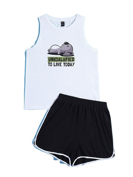 x eduely koala & letter graphic tank & contrast binding shorts s3pq#, White
